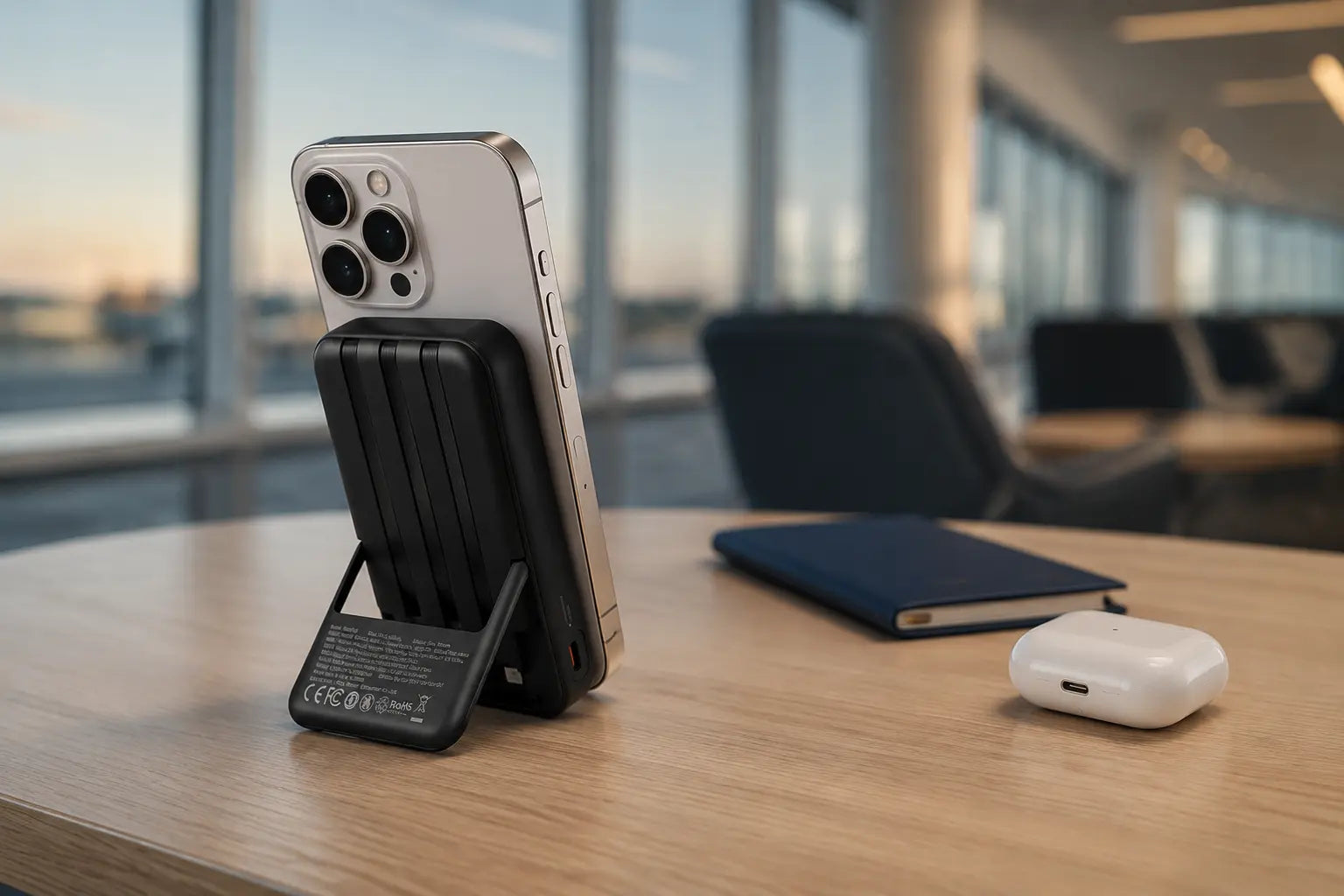 SnapReserve supporting a phone in an airport lounge
