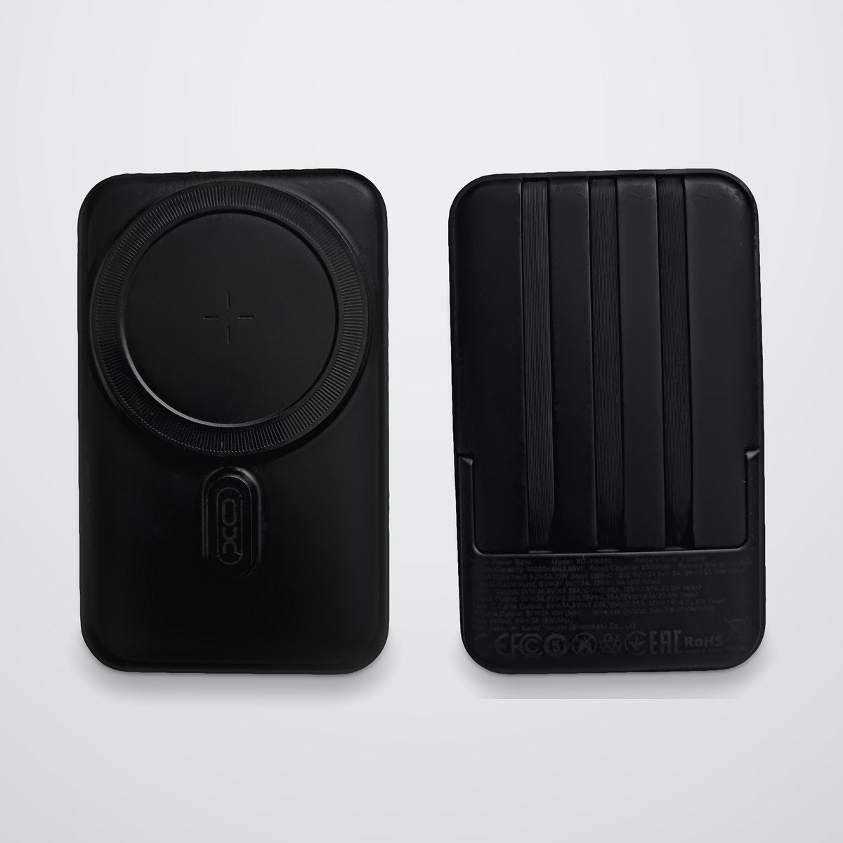 The power bank closed, seen from the front and from the back.