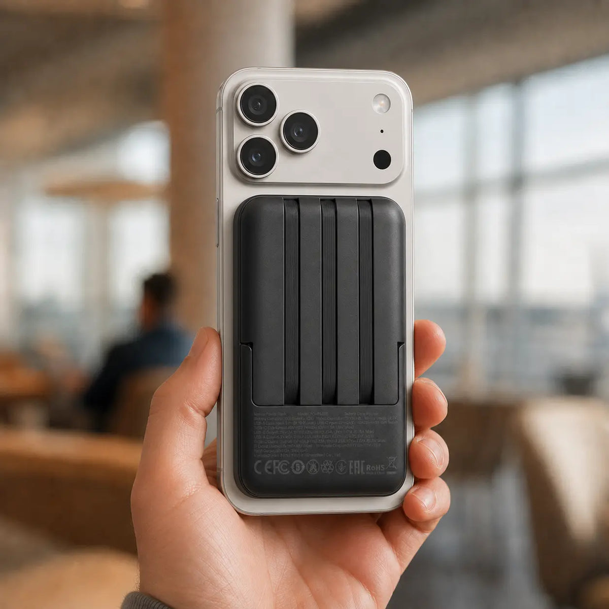 SnapReserve attached magnetically to a phone