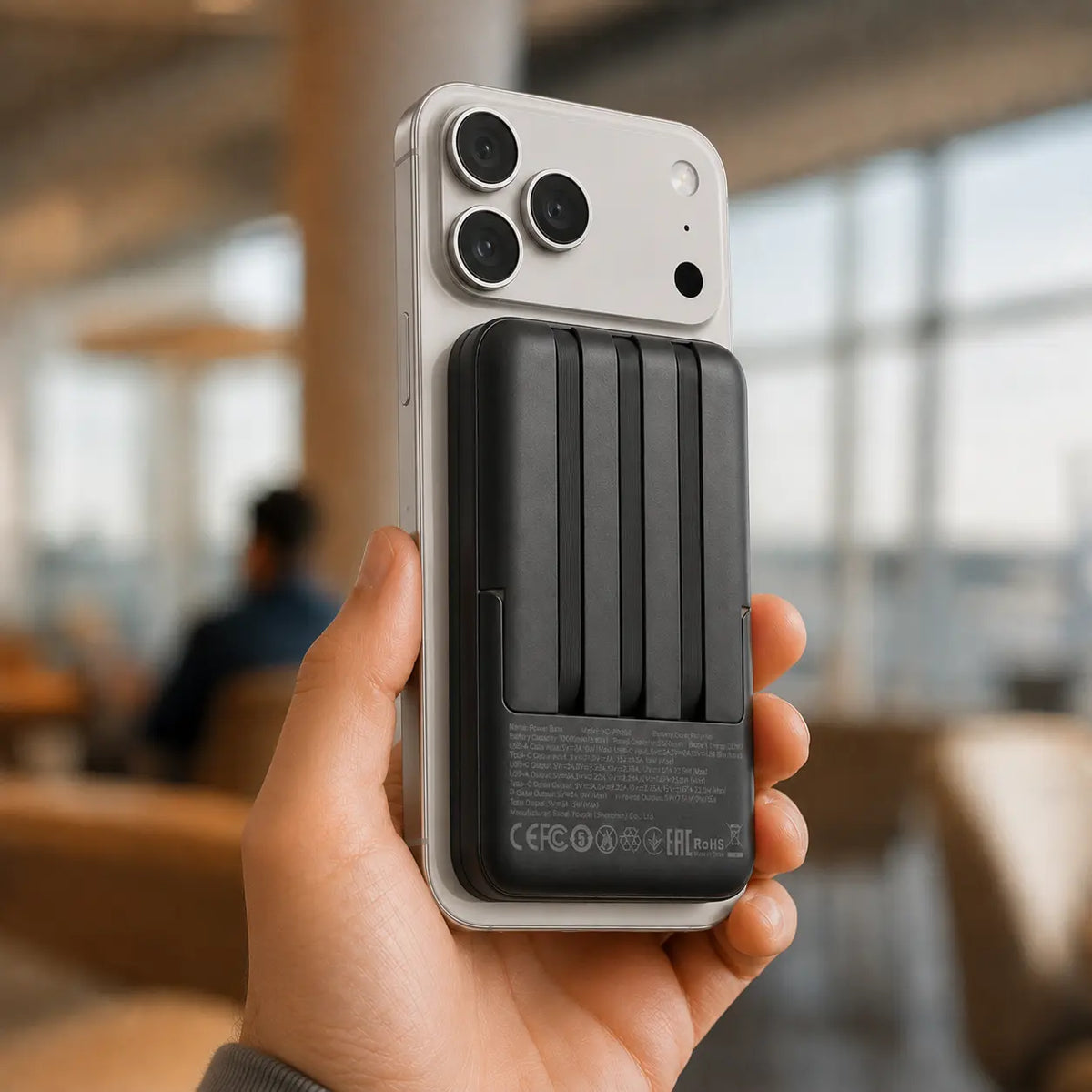 SnapReserve attached magnetically to a phone