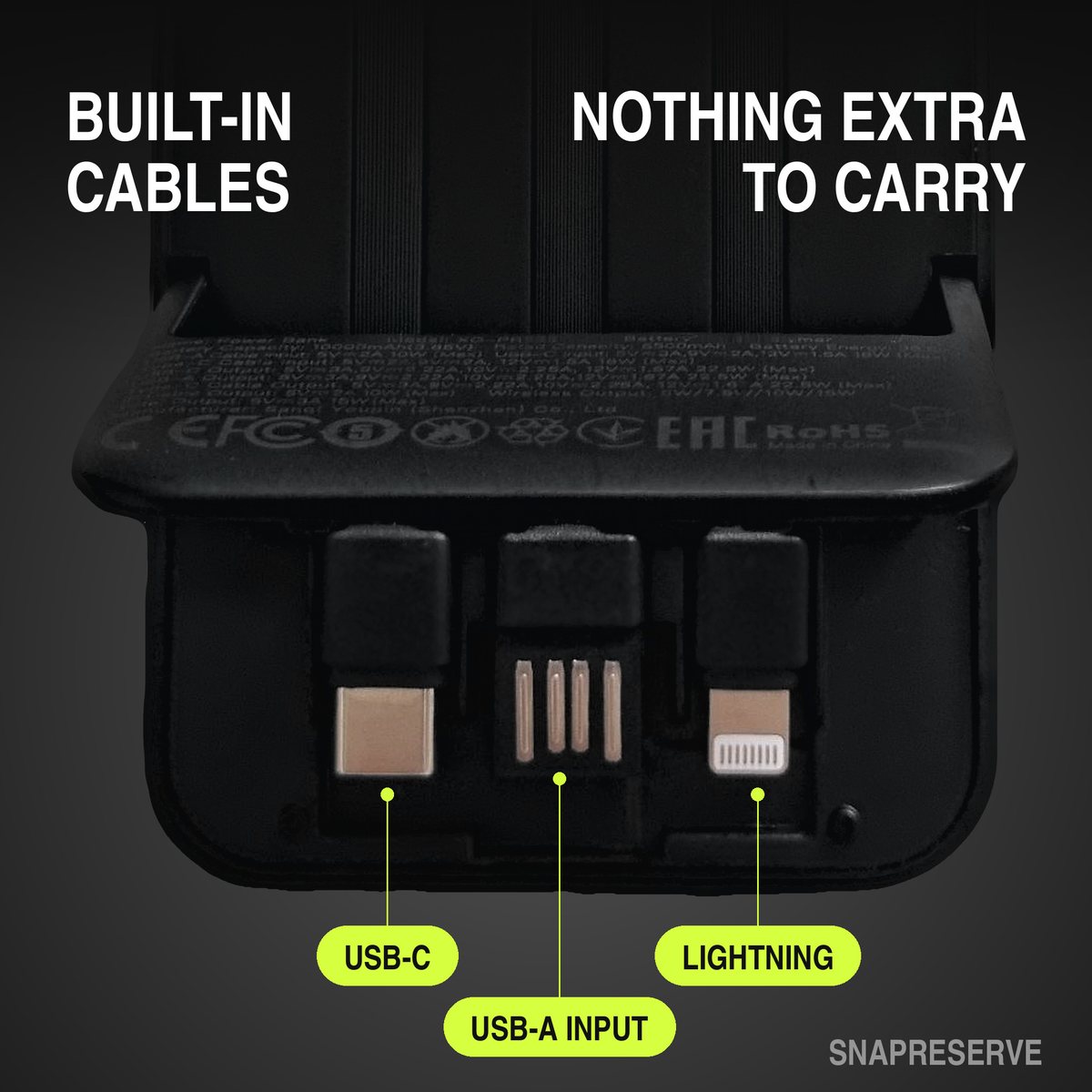 Close-up of the built-in USB-C, USB-A and Lightning connectors.