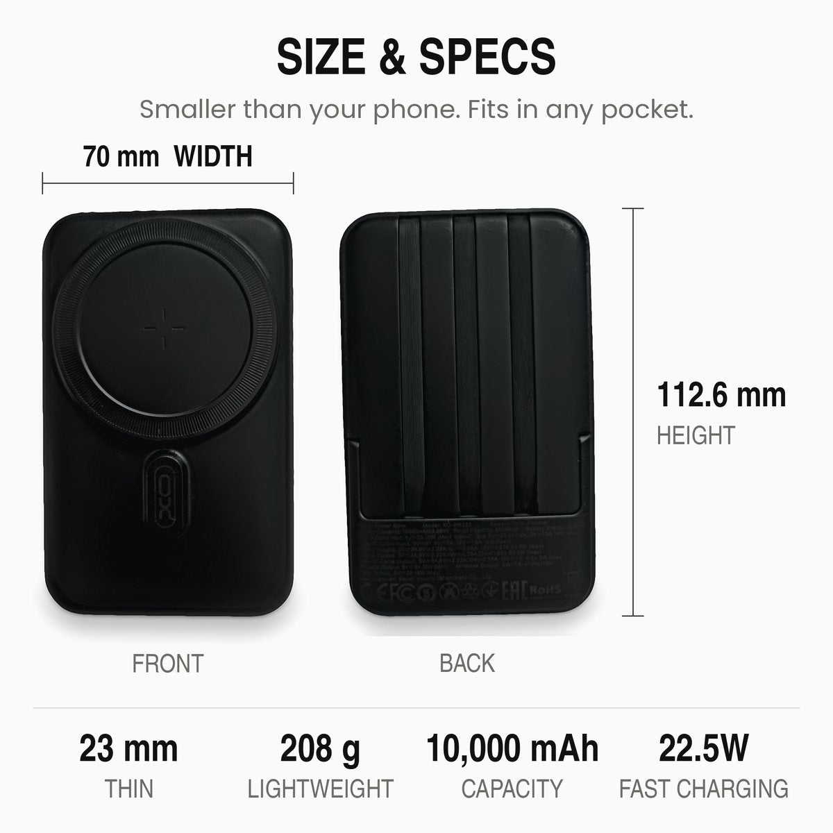 Size and specs: 70 mm wide, 112.6 mm tall, 23 mm thin, 208 g, 10,000 mAh, 22.5W fast charging.